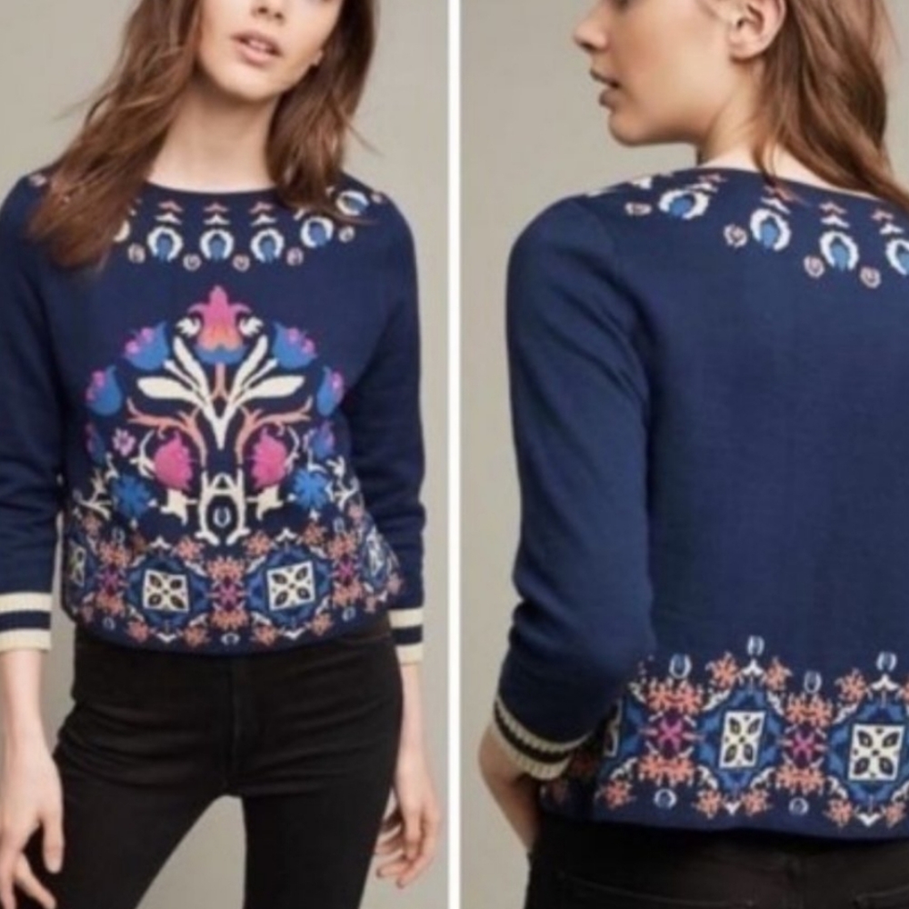 Anthropologie HWR Blue Floral Intarsia Embroidered Sweater XS
